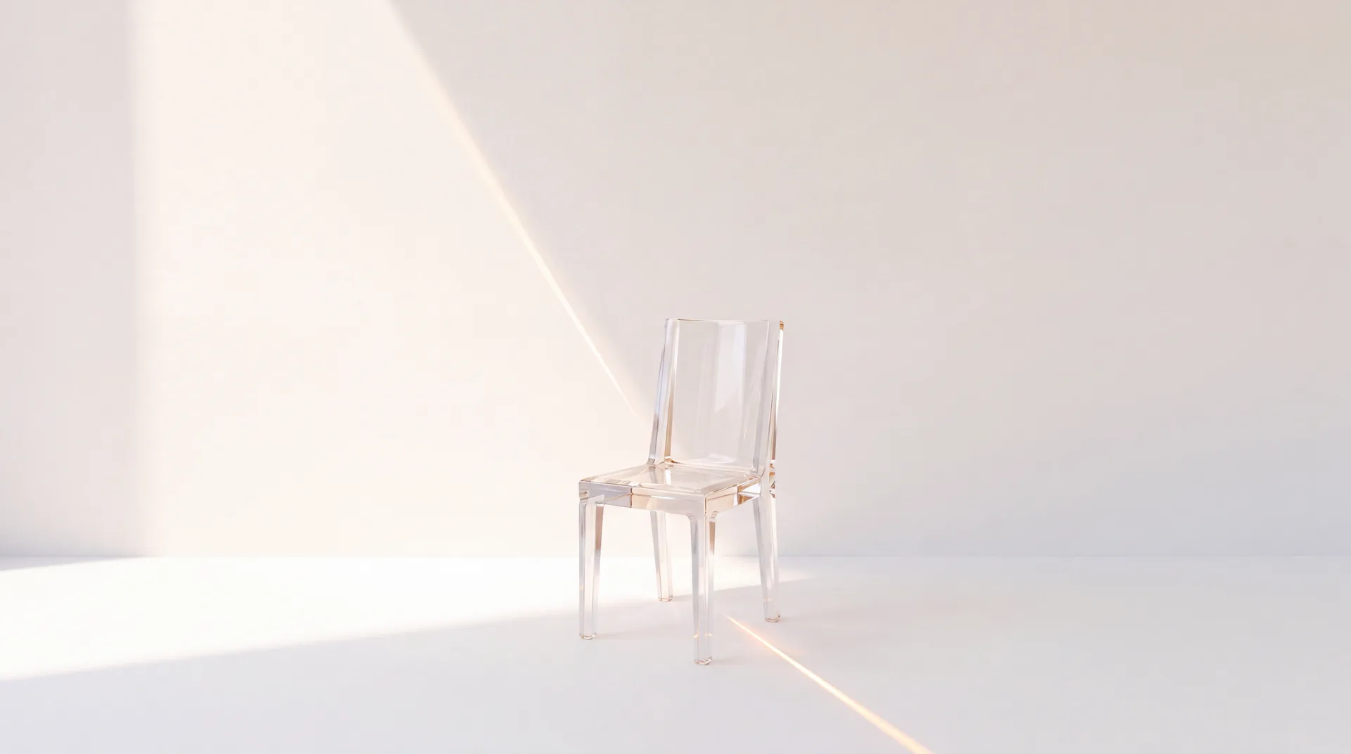 Ein Stuhl aus Glas in einem hellen, leeren Raum, ein Lichtstrahl fällt über den Boden