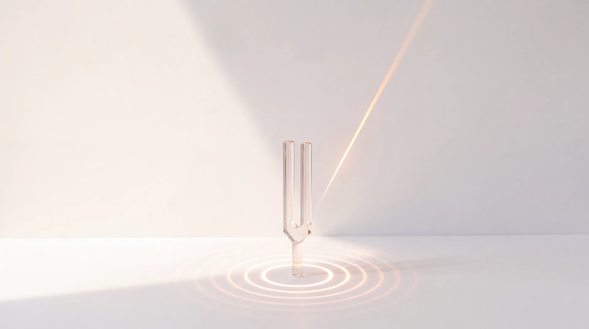 Eine Stimmgabel aus Glas, um die sich Lichtringe auf dem Boden ausbreiten